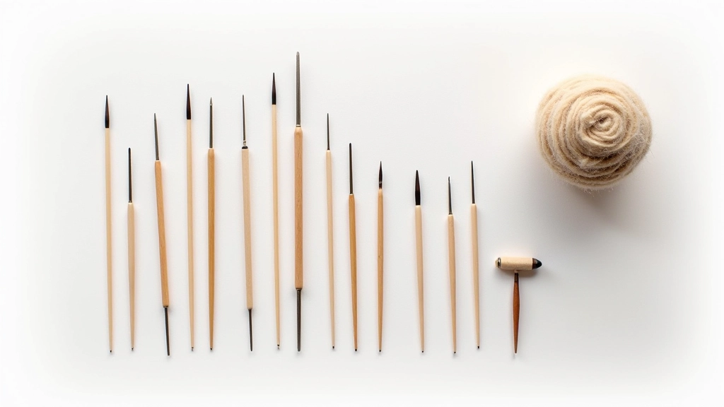 Array of felting needles in different gauges and sizes displayed on a felting mat
