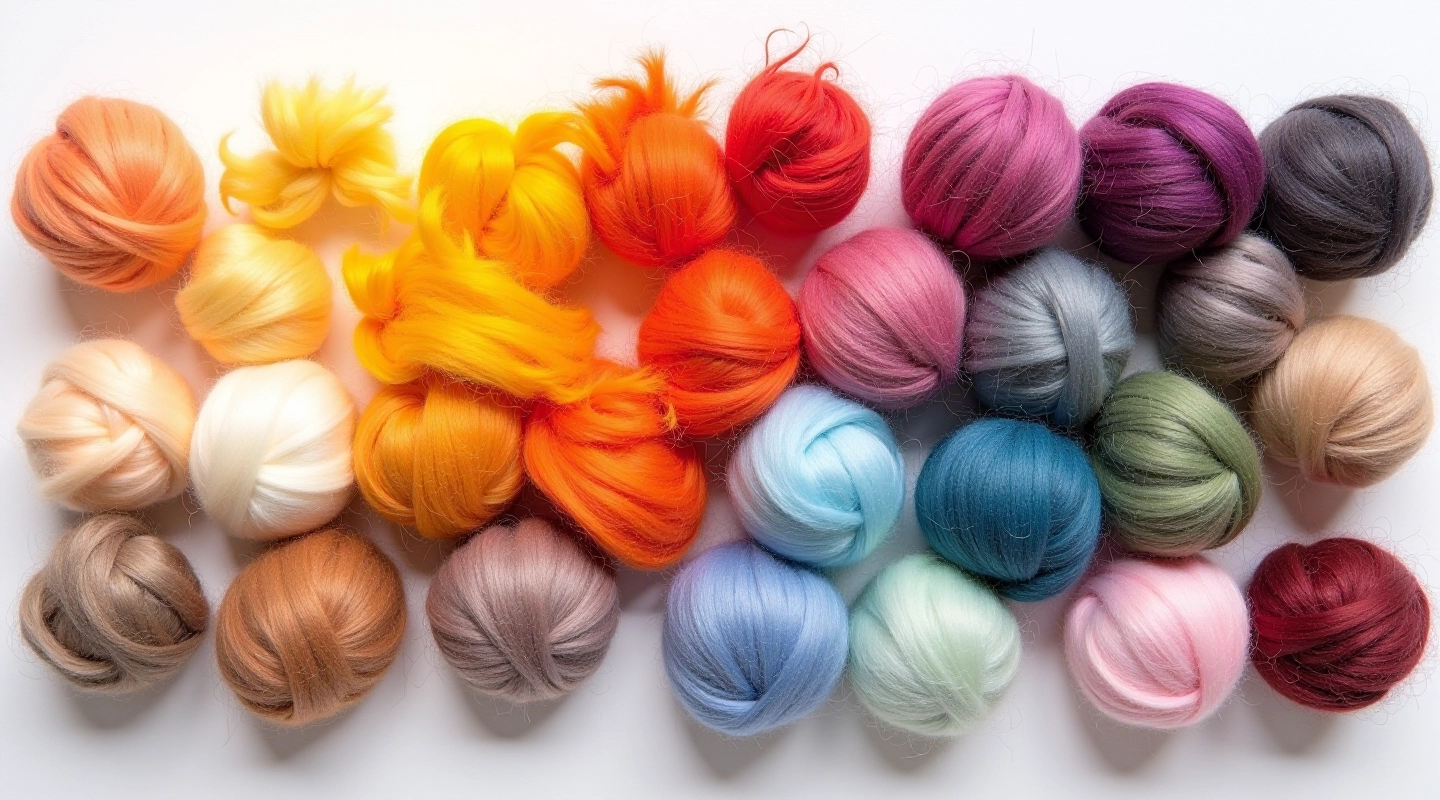 Assorted wool roving fibers in various grades showing different textures and thicknesses