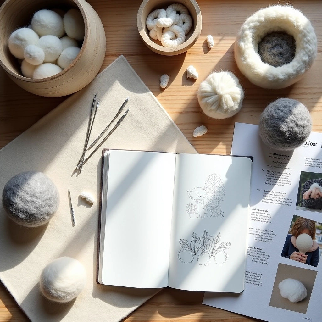 sorbomark editorial workspace with felting materials, research notes, and craft references organized on a light wooden table