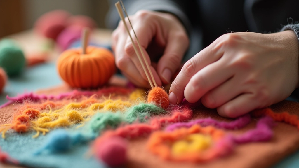 Close-up of needle felting in progress with colorful wool fibers
