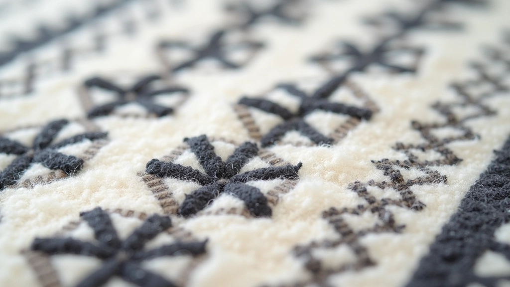 Close-up detail of traditional Haapsalu wool felt showing geometric diamond and cross patterns in cream and charcoal colors