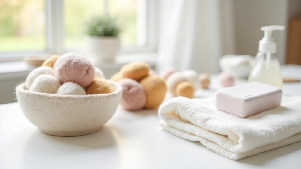 Laid out felting supplies including wool roving in various colors, felting mat, soap, spray bottle, and towels on a clean work surface