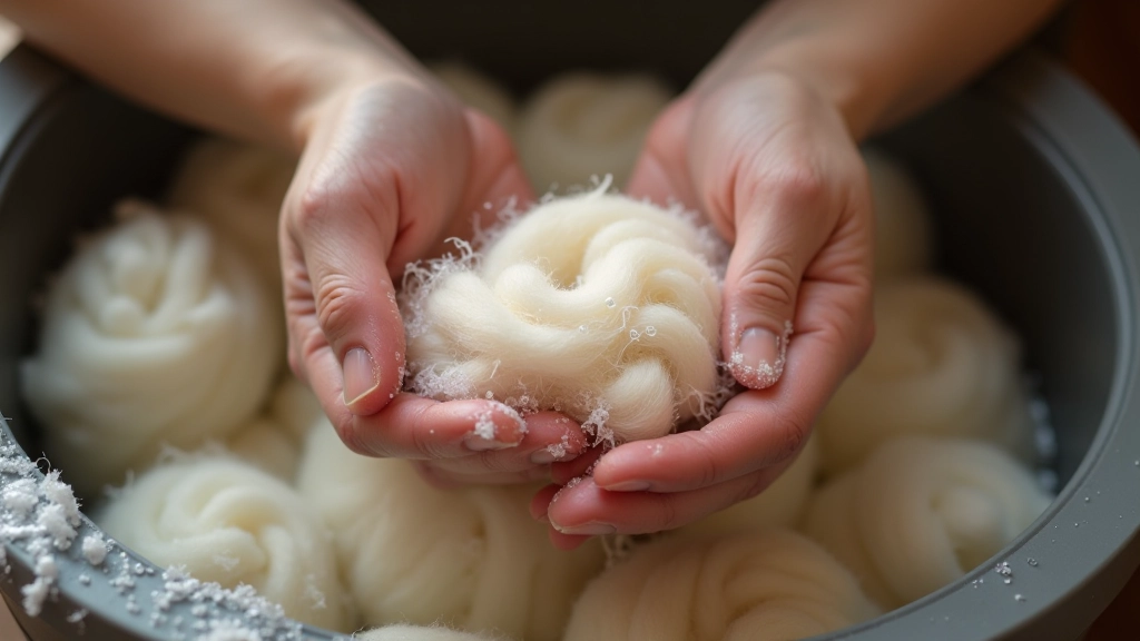 Hands gently working with wet wool and soap suds during the wet felting process, showing proper technique for fabric creation