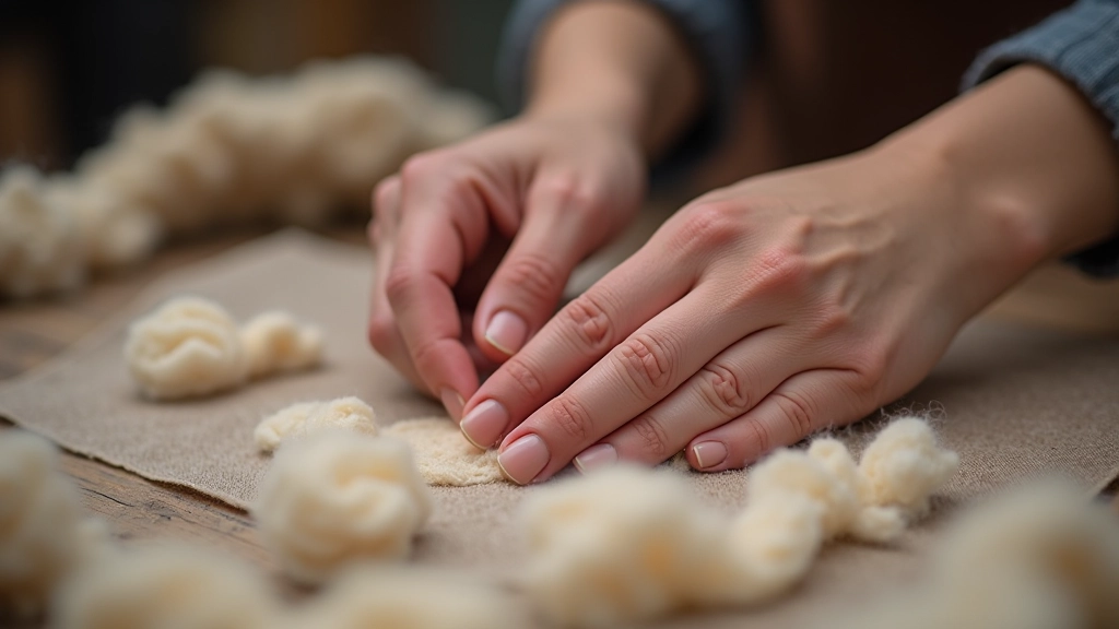 Hands working with wet wool fibers on a felting surface, demonstrating the rolling and pressing technique used in Haapsalu wet felting