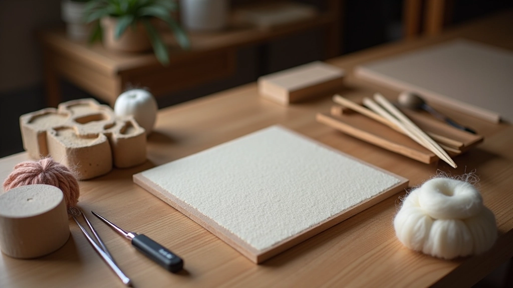 Organized felting workspace with needles, pads, and wool roving arranged neatly on a wooden table