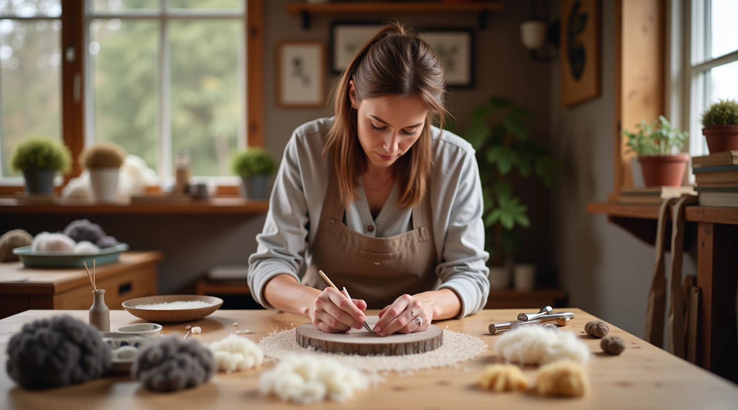 Hands working with colorful wool fibers during a needle felting workshop in natural light