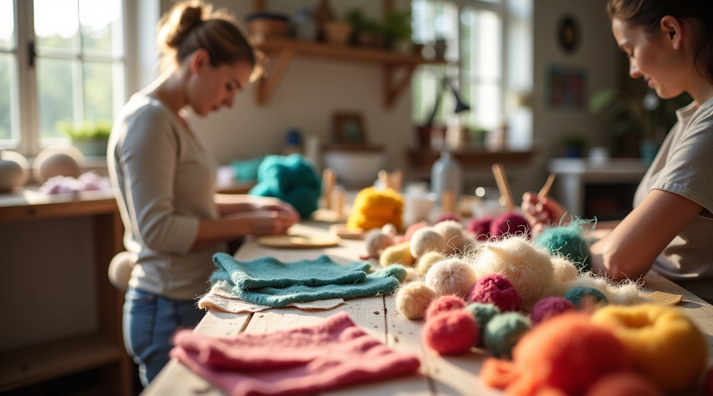 Our wool felting workshop space with natural materials and traditional tools
